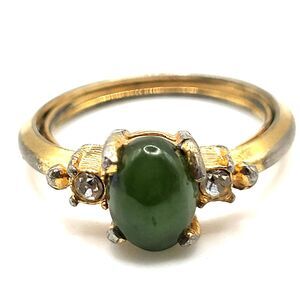 Avon Oriental Jade Ring Clear Rhinestone Gold Tone Adjustable Size 5 to 7.5